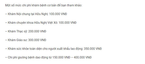 Bảng giá khám bệnh viện Hữu Nghị